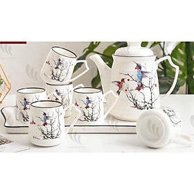 Bộ ấm chén kèm khay sứ pha trà cà phế trắng họa tiết chim muông phong cách Âu - ANTH17