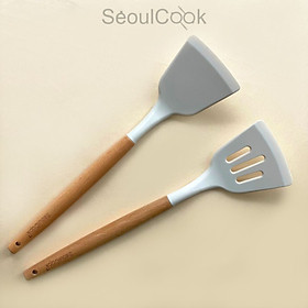  Bộ 2 dụng cụ nấu ăn Vá/ Sạn/Xẻng có rãnh cán gỗ Seoulcook cao cấp, chống dính dùng cho nhà bếp