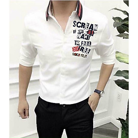 Sơ mi nam viền cổ xanh đỏ họa tiết chữ thời trang