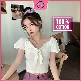 Áo croptop ngắn tay cánh tiên nữ, áo thun ôm trễ vai gợi cảm nữ tính thun gân 100% cotton đen trắng dưới 50kg