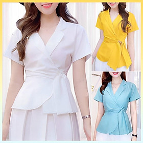 Áo sơ mi kiểu nữ peplum CỔ VEST có dây cột nơ eo và chun lưng giấu bụng hiệu quả