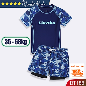Bộ bơi cỡ lớn cho bé trai mập béo, quần 2 lớp chống lộ rộng rãi có túi để đồ, áo thiết kế riêng thoải mái hơn cho bé big size | BT188