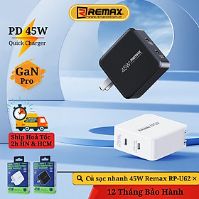 Củ sạc nhanh GaN công suất 45W Remax RP-U62 chuẩn kép PD + QC 3.0 - Hàng chính hãng Remax Bảo Hành 12 Tháng 1 Đổi 1