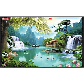 Mua tranh phong cảnh thác nước dán tường 3d. tranh in vải lụa  chi tiết sản phẩm zalo 0981528893