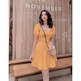 ĐẦM XÒE CỔ VUÔNG VIỀN REN 2 MÀU TRẮNG VÀNG DUYÊN DÁNG SIZE TỪ 40-71KG