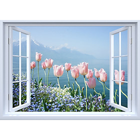 Mua TRANH CỬA SỔ PVP-CS9 Tranh dán tường 3d cửa sổ mở RA BIỂN  BẦU TRỜI XANH  HOA TULIP HỒNG  Tranh dán tường có sẵn keo