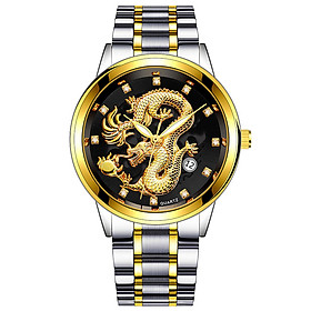 Đồng hồ nam dây thép không gỉ công sở mặt khắc rồng vàng nôi sang trọng