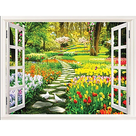 Mua Tranh dán tường 3D cửa sổ phong cảnh hoa tulip ở An giang -vải lụa kim sa