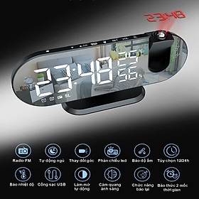 Đồng hồ báo thức kỹ thuật số phản chiếu đèn led trên tường chức năng báo nhiệt độ độ ẩm, báo thức, sạc pin, radio FM