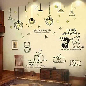 Decal dán tường Combo 2 tranh dây đèn thả light mới + mèo đáng yêu