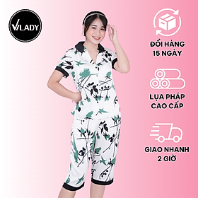 Bộ đồ Pyjama nữ, đồ mặc nhà lụa VILADY - B143 Quần Lửng Tay Cộc Họa Tiết Chim Màu Xanh, chất liệu lụa Pháp (lụa latin)