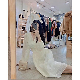 Đầm midi cổ V ren kim sa nổi đính hạt tay dài xoè dài kem nude trắng ivy.fashion đi biển dự tiệc dạo phố bigsize