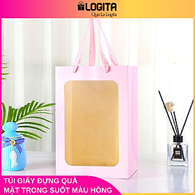 Túi Giấy Đựng Quà Mặt Trước Trong Suốt Màu Hồng Xinh Xắn - Size Nhỏ 18x13x25cm