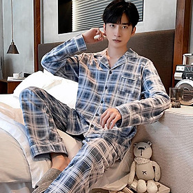 3618 - Bộ Pijama dài tay cao cấp kẻ caro với tông trắng xanh trẻ trung, size L-3XL