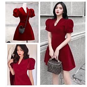 Đầm Dạo Phố Nhung Đỏ Cổ V Siêu Xinh Cho Các Hot Girl BY8333