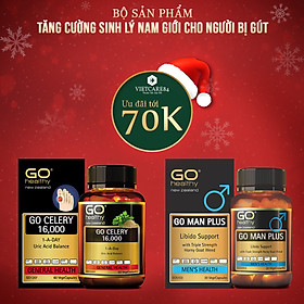 Bộ sản phẩm nhập khẩu chính hãng tăng cường sinh lực, sinh lý nam cho người bị gout gồm: Viên gout GO CELERY 16000mg (60 viên) và viên uống tăng cường sinh lý nam GO MAN PLUS ( 30 viên)