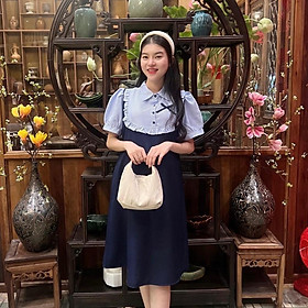 Đầm bầu giả yếm sọc sơ mi cotton hàn phom suông trẻ trung, năng động Váy Bầu Voi - Xanh đen