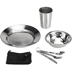 7PCS Stainless Steel 1-Person Table Set Outdoor Tableware Mess Kit Dinner Plate Bowl Cup Spoon Fork Cutter with Mesh