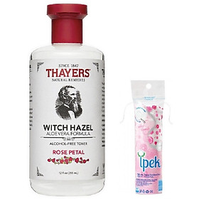 Nước hoa hồng Thayers Witch Hazel Aloe Vera Formula Alcohol Free Toner hương Rose Petal 355ml + Tặng kèm bông tẩy trang Ipek 80 miếng