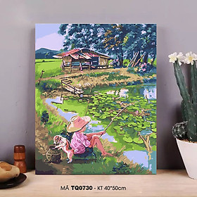 Tranh sơn dầu số hoá tự tô màu phong cảnh làng quê - Mã TQ0730 Chú bé câu cá bên hồ sen