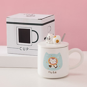 Ly cốc Sứ tráng men cao cấp Kèm nắp và thìa hình Mèo Cute xinh xắn