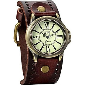 Avaner Unisex Punk Retro Bronze Round Dial Brown Wide Leather Belt Strap Cuff Bracelet Roman Numerals Analog Quartz Wrist Watches