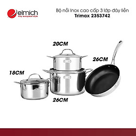 Bộ Nồi Inox cao cấp 3 lớp đáy liền Elmich TriMax 4 chiếc Size 18-20-26 - Chảo 26cm - Hàng Chính Hãng