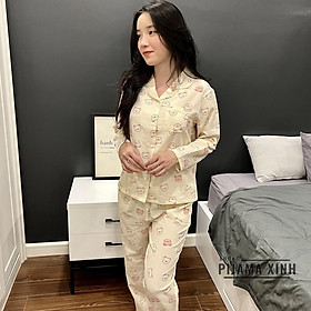 Bộ Mặc Nhà, Đồ Ngủ Nữ, Pijama Dài Tay Hình Gấu Chất Liệu Xốp Đũi Hàn
