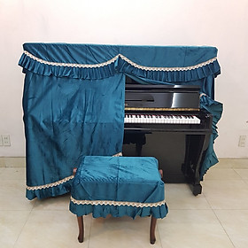 Mua Bộ khăn phủ đàn Piano vải nhung xanh dày mịn phối bèo viền ren cao cấp