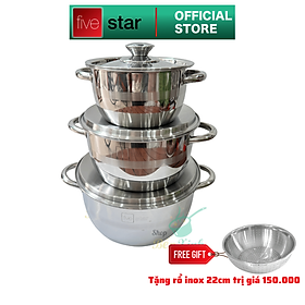 Mua Bộ Nồi Inox 430 cao cấp 1 Đáy Fivestar 3 Chiếc Nắp Inox   dùng được mọi bếp   tặng 1 rổ inox 22cm