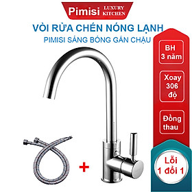 Vòi rửa bát nóng lạnh Pimisi đồng thau mạ xi Cr/Ni sáng bóng kiểu tròn điều chỉnh nhiệt độ bằng tay gật gù - kèm 2 sợi dây cấp nước dùng cho chậu rửa bát 1-2-3 hố trong nhà bếp - vòi nước rửa chén gắn chậu âm dương bàn đá quay 360 độ tăng áp | Chính hãng