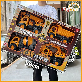 Bộ xe công trình đồ chơi cho bé mô hình xe ô tô cần cẩu máy xúc múc xe ben cở cát xe bồn trộn bê tông đồ chơi