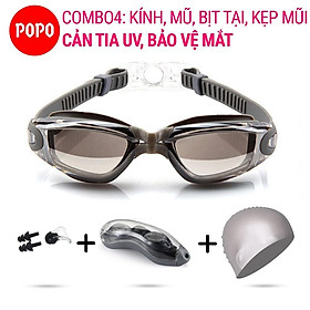 Kính bơi người lớn tráng gương POPO1940 cùng mũ bơi và bịt tai kẹp mũi cho nam nữ, cho bé trẻ em từ 8 tuổi