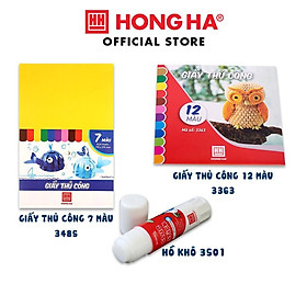 Hình ảnh Combo giấy thủ công Hồng Hà (7 màu + 12 màu) và 1 Hồ khô Oringa (3485+3363+3501)