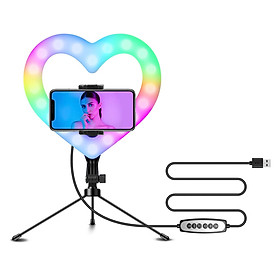 10 Inch RGB Video Light Heart-Shaped LED Fill Light Dimmable USB Powered with Phone Holder Desktop Stretch Light Stand