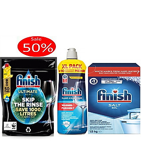 Combo Viên rửa bát Finish Quantum Ultimate 50 viên + Muối Finish làm mềm nước 1.5kg + Nước làm bóng bát Finish 800ml cho máy rửa bát