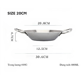Chảo xào Inox 304 2 quai Seka đúc nguyên khối 3 lớp, Chảo Inox đáy từ dùng mọi loại bếp