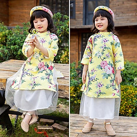 Áo dài bé gái sét áo kèm chân váy 2 lớp và mấn họa tiết hoa hải đường MamLa