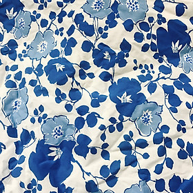 Vải thô boi lụa mỏng siêu mềm mát họa tiết hoa xanh nền trắng