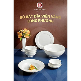 Bát cơm 4.4 inch - Bát tô cơm, bát ăn cơm, bát con đế cao sứ Long Phương hàng chính hãng viền vàng