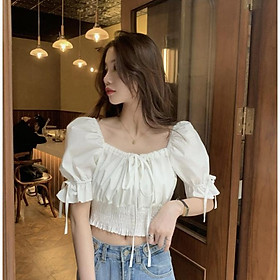 Hình ảnh Áo kiểu nữ croptop bánh bèo trễ vai buộc nơ trước thời trang NIEVE