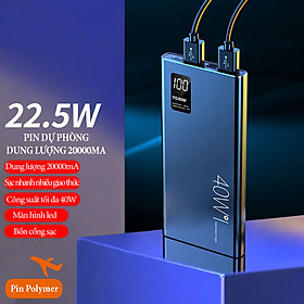 Pin dự phòng dung lượng 20000mA công suất 40W hỗ trợ sạc nhanh chuẩn PD22.5W tích hợp màn hình led quản lý dung lượng pin