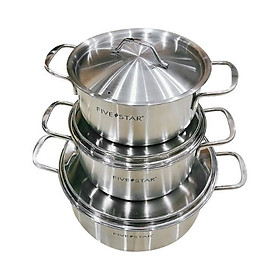 Bộ Nồi Inox 430 cao cấp 1 Đáy Fivestar 3 Chiếc Nắp Inox , dùng được mọi bếp , tặng 1 rổ inox 22cm