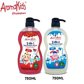 Combo 2 chai sữa tắm gội cho bé, sữa tắm gội trẻ em, sữa tắm gội toàn thân an toàn, dịu nhẹ,phù hợp cho làn da mỏng manh của bé hiệu AromaKids nhập khẩu từ Malaysia, 750ML/chai