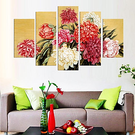 Tranh treo tường, tranh trang trí PP_ NT558 bộ 5 tấm ghép hoa mẫu đơn