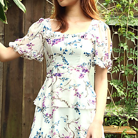 Váy hoa thiết kế cao cấp Wannabe, đầm voan DC001 tầng bèo màu sắc nữ tính quý phái