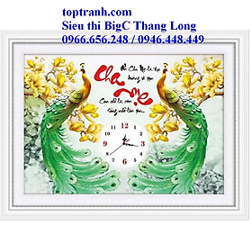 Mua Tranh thêu chữ thập đồng hồ cha mẹ con công xanh và hoa lan trắng 88939 chưa thêu