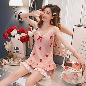 Bộ Ngủ 2 Dây Quả Dâu Cute Có Lót Ngực