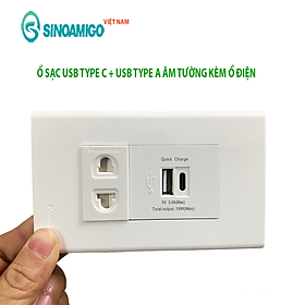 Ổ cắm USB type C + USB type A âm tường Sinoamigo P21-QC1, công nghệ sạc nhanh QC, lắp vừa mặt Pana chuẩn Wide - Hàng chính hãng