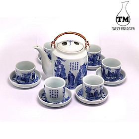 Mua Bộ Ấm Tích Pha Trà Hãm Chè Xanh ( Ấm Chén) Men Trắng Cao Cấp Dáng Lục Giác Vẽ Bát Tiên 700ml